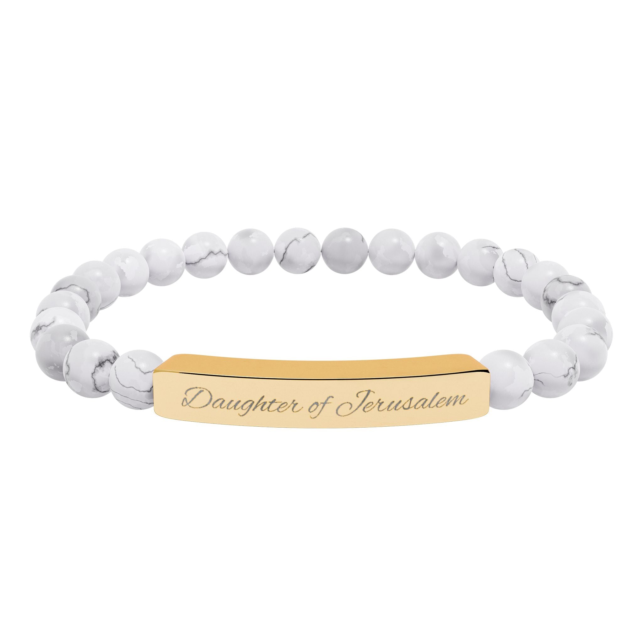 Daughter of Jerusalem Engraved Natural Stone Stretch Bar Bracelet — Personalized Beaded Bracelet (Healing Gemstones)