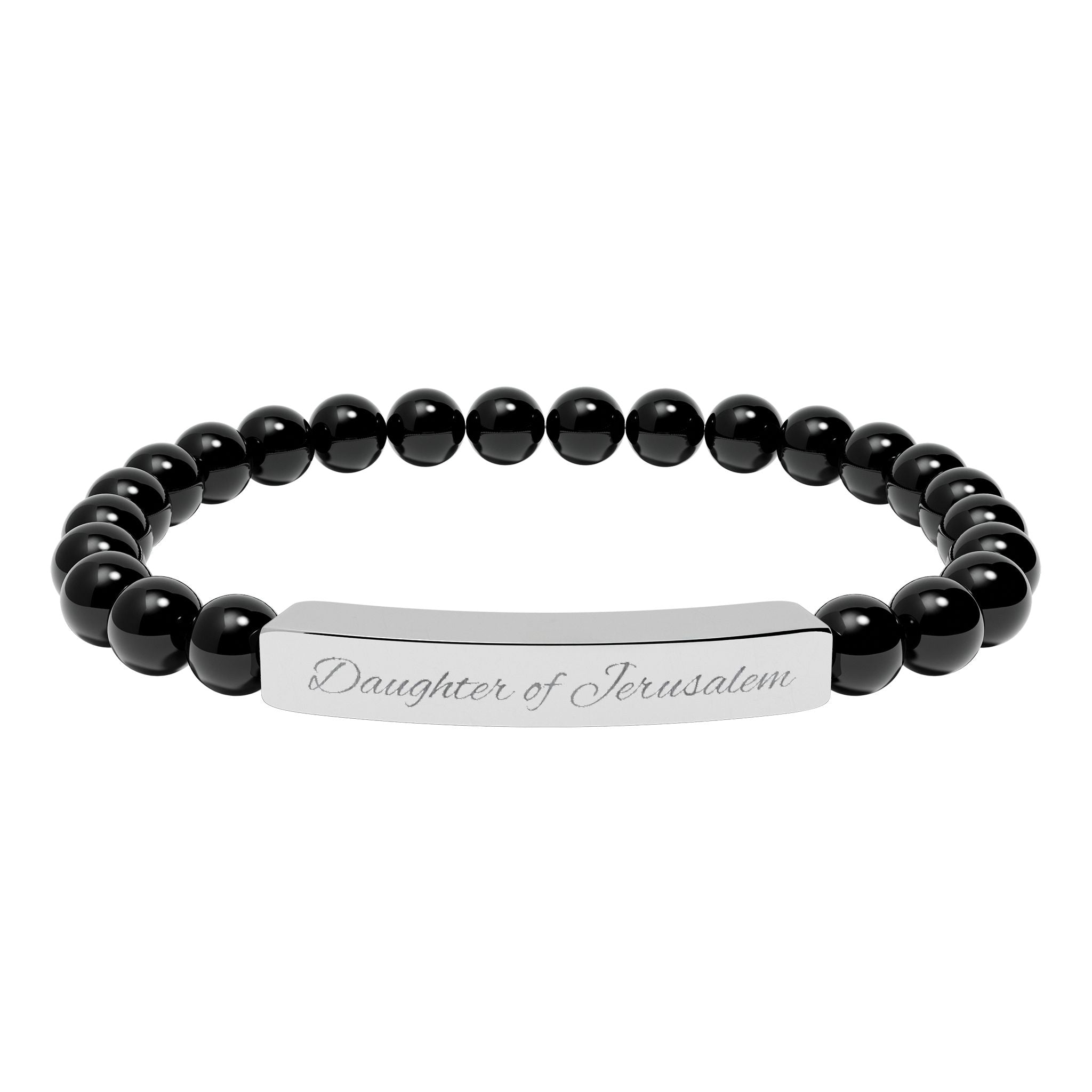 Daughter of Jerusalem Engraved Natural Stone Stretch Bar Bracelet — Personalized Beaded Bracelet (Healing Gemstones)